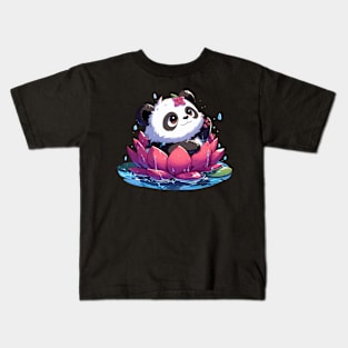 Cute Anime Panda Bear Bath With Water Lily Kids T-Shirt